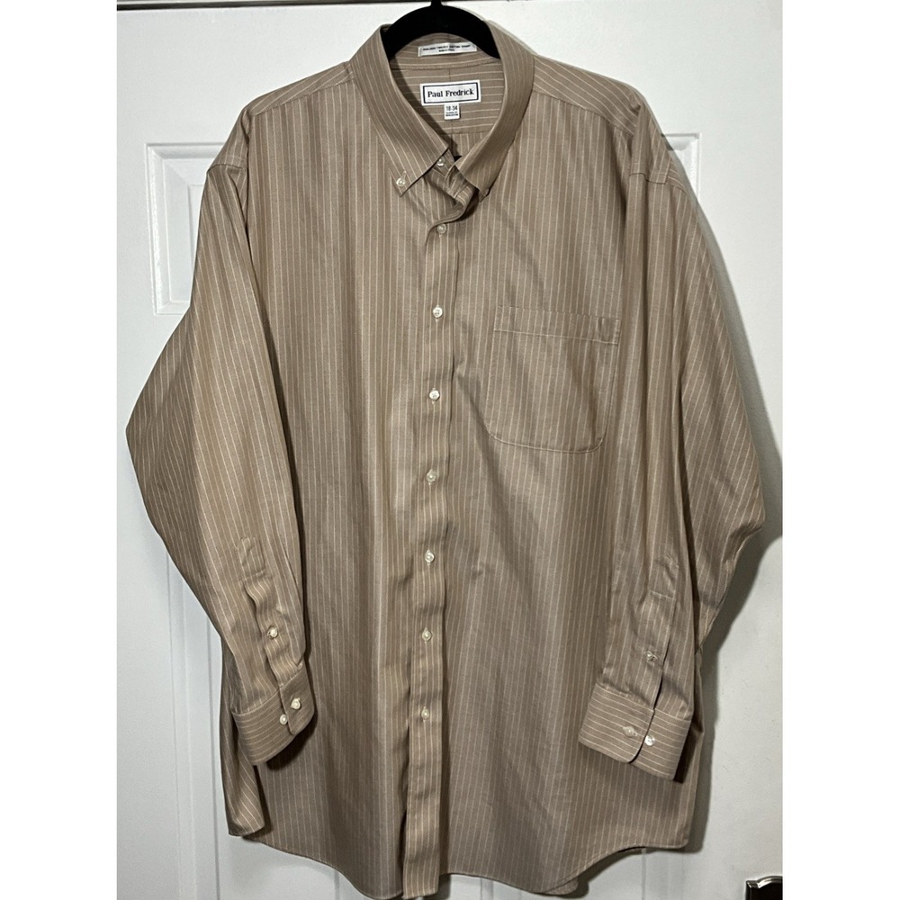 Paul Fredrick Dress Shirt Men's 18–30 Tan/Beige White Stripes Wrinkle Free